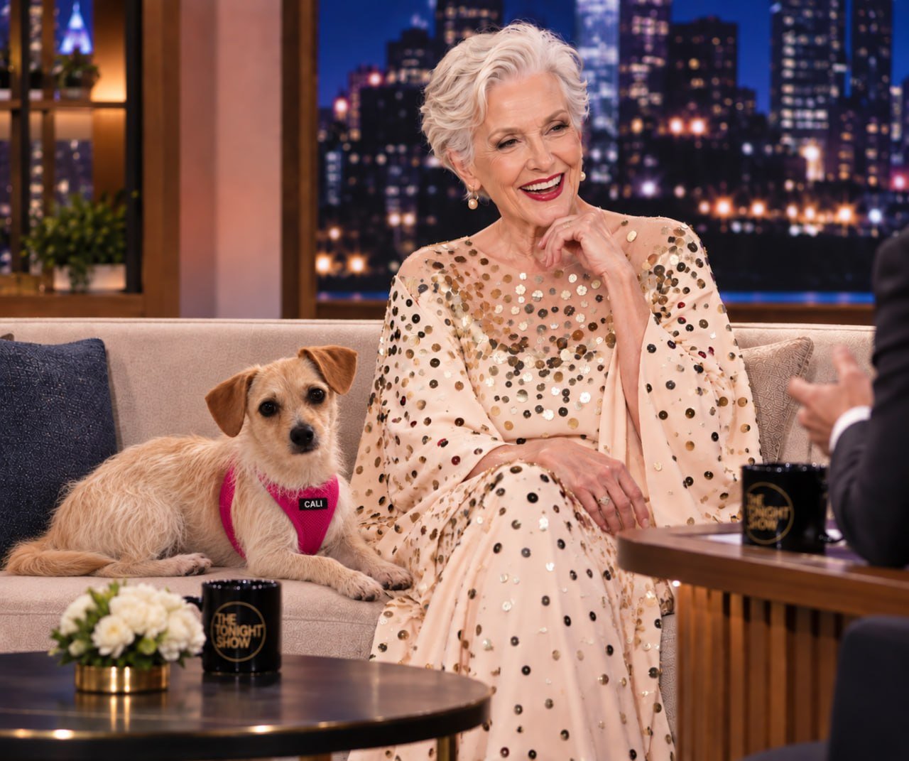 Cali on a talk show sofa next to Maye Musk