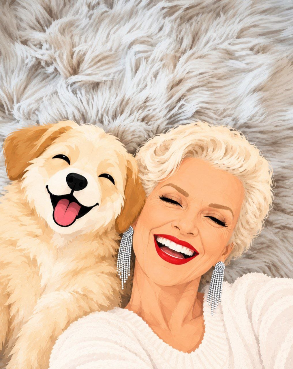 Cali laughing in a selfie on a fluffy rug