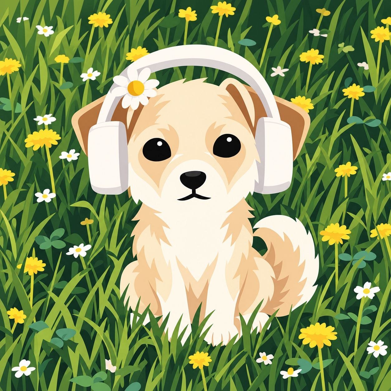 Cali wearing headphones in a field of daisies